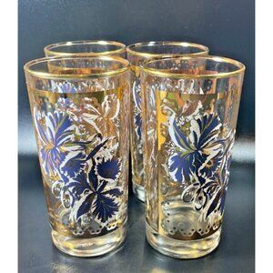 Vintage MCM Dominion Tumblers Purple Floral Gold Trim 12oz Daffodil Set of 4